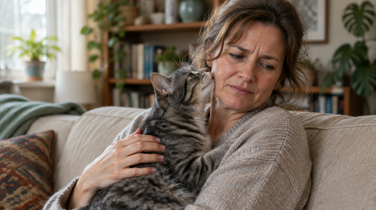 Owner holding her cat close