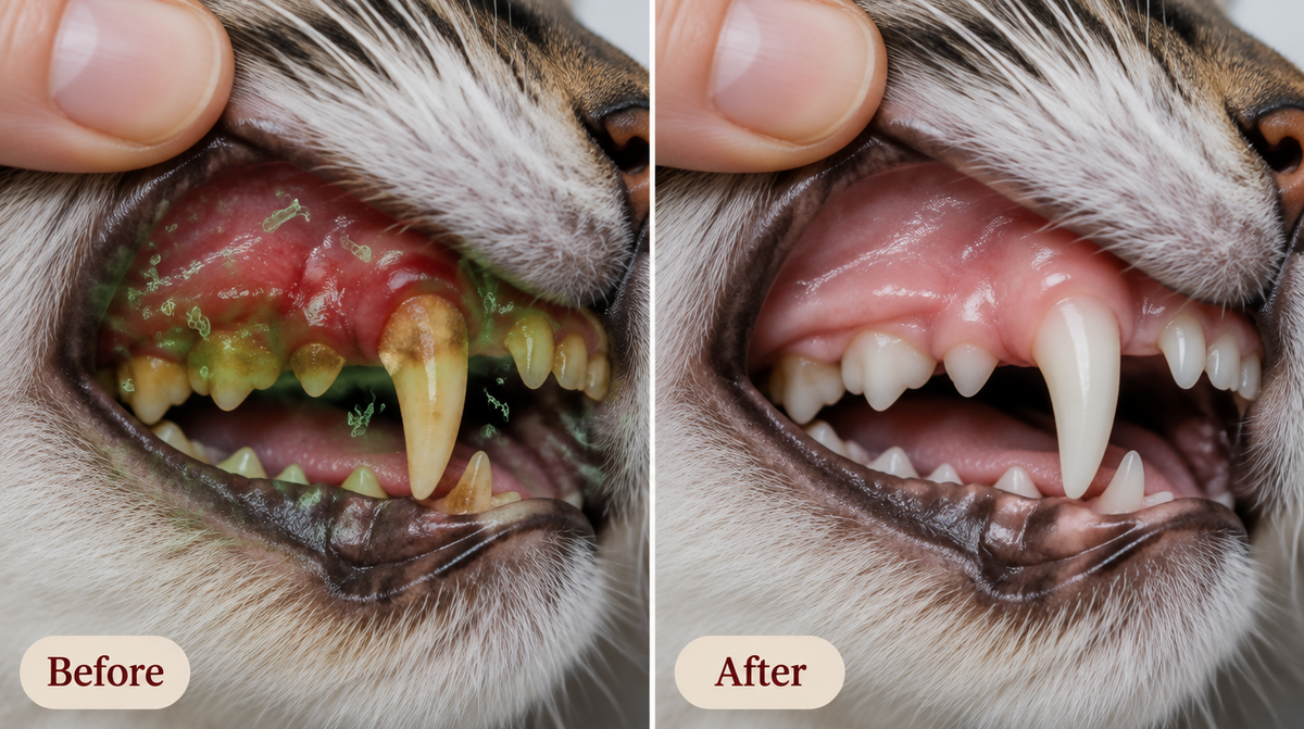 Inflamed gums before, calm pink gums after