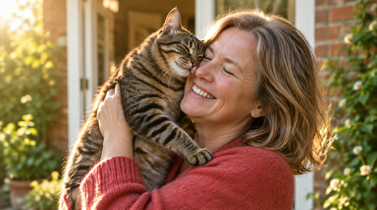 Owner holding her cat close, happy