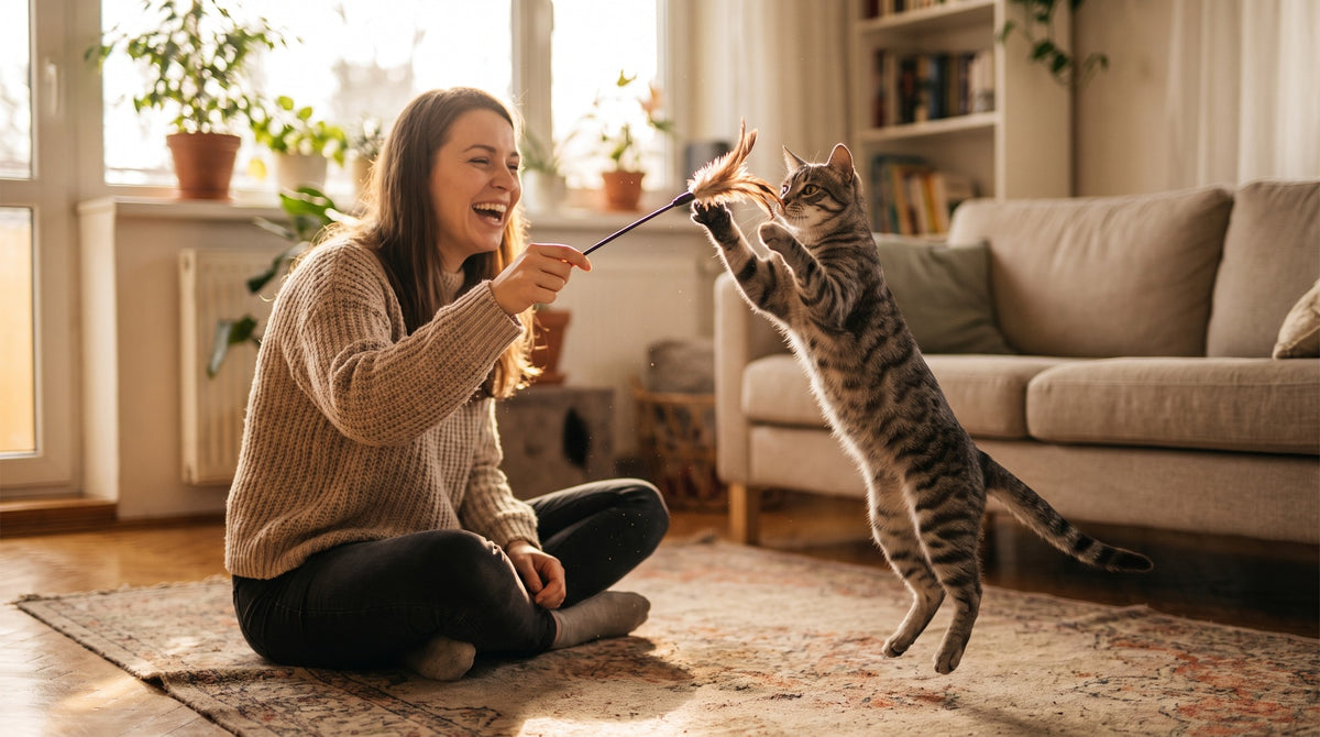 Owner holding her cat close, happy