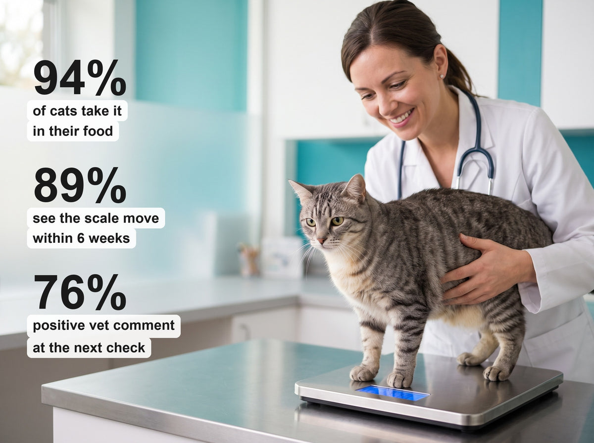 Veterinarian checking a cat's gums, with results figures
